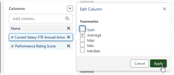 Screenshot showing column settings to use for each column added